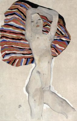 Egon Schiele - Mädchenakt gegen farbiges Tuch, 1911